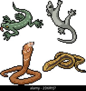 pixel art set reptiles isolés serpent lézard Illustration de Vecteur