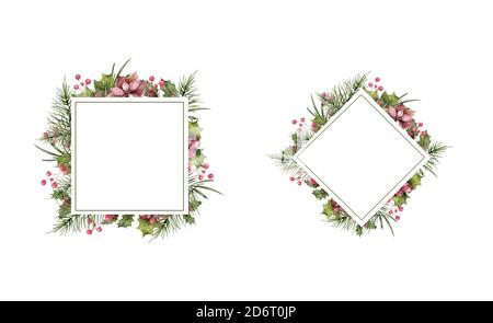Ensemble cadre décoratif de Noël. Cadre de Noël aquarelle dessiné à la main avec fleurs et fleurs d'hiver, baies, feuilles isolées sur fond blanc Banque D'Images
