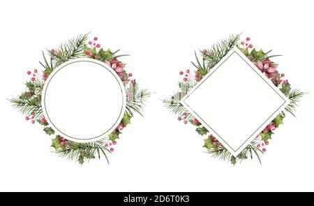 Ensemble cadre décoratif de Noël. Cadre de Noël aquarelle dessiné à la main avec fleurs et fleurs d'hiver, baies, feuilles isolées sur fond blanc Banque D'Images