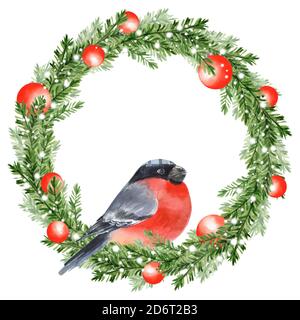 Illustration à l'aquarelle. Couronne de sapin de Noël et d'oiseau Banque D'Images