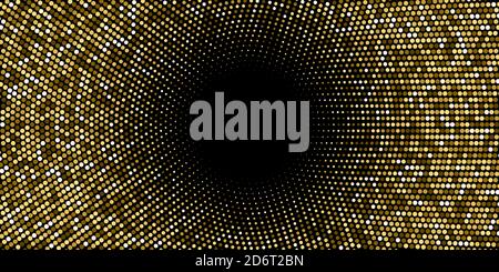 Arrière-plan circulaire demi-ton abstrait. Motif de points doré, gris et orange sur fond noir. Illustration vectorielle de fond d'écran rétro et lumineux. Brillant Illustration de Vecteur
