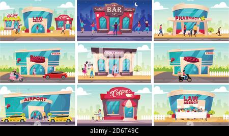 Voir la collection d'illustrations vectorielles couleur plates de façades Illustration de Vecteur