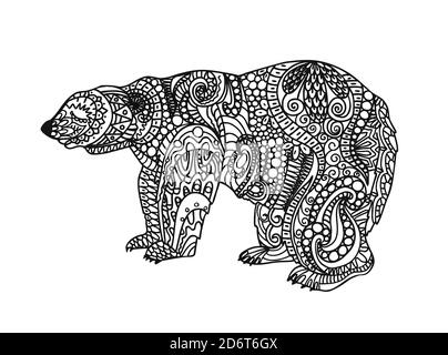 L'ours est noir et blanc. Page de coloriage de l'ours polaire. Dessin linéaire animal. Page de coloriage antistress. Illustration isolée sur fond blanc Banque D'Images