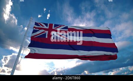 Drapeau hawaïen sur un mât agitant dans le vent dans le ciel. État d'Hawaï aux États-Unis d'Amérique. rendu 3d Banque D'Images
