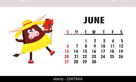 Calendrier des enfants mignon 2021. Année du taureau. Personnage de taureau drôle isolé sur fond blanc. Symbole de 2021 Banque D'Images