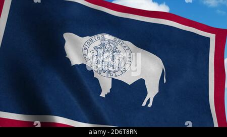 Drapeau du Wyoming agitant dans le vent, fond bleu ciel. rendu 3d Banque D'Images