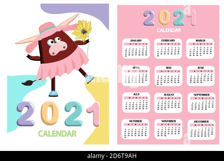 bull, calendrier taureau blanc ou planificateur A4 pour 2021 avec dessin animé kawaii, taureau ou vache, symbole nouvel an ox. Banque D'Images