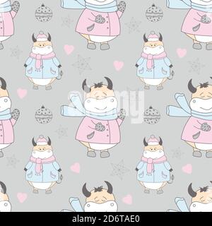 Le nouveau modèle de l'année avec un taureau. Symbole OX de 2021. Illustration drôle de boeuf. Papier d'emballage, motif textile de noël. Banque D'Images