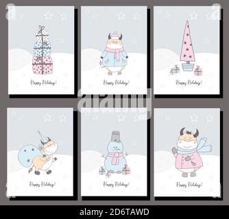 joyeuses vacances. 2021 symbole de l'année du boeuf. Lot de six cartes de noël. Les taureaux de la nouvelle année. Couleurs pastel délicates Banque D'Images