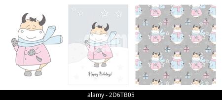 Joli bœuf dans une illustration de foulard. Cartes dessinées à la main et motif sans couture pour l'hiver. Bull 2021. Joyeuses vacances. Noël et nouvel an. Banque D'Images