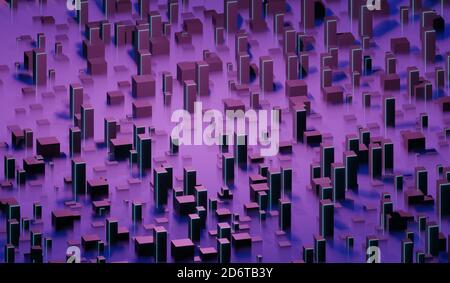 ville futuriste abstraite de nuit avec gratte-ciels dans la brume, grand smog de ville, illustration 3d Banque D'Images