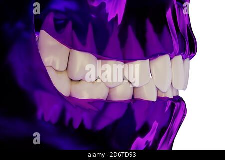 mâchoire humaine violette transparente avec dents, vue latérale, rendu 3d Banque D'Images