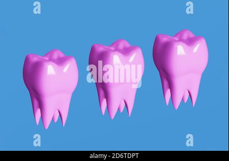 Dents molaires roses sur fond bleu. Concept de soins dentaires minimaux. illustration 3d Banque D'Images