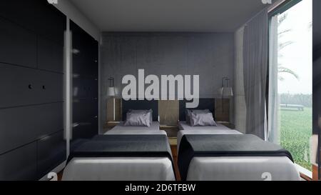 Décoration intérieure de chambre moderne avec lits simples et lampes décoration de style minimaliste gris, grande fenêtre à l'intérieur contemporaine villa en campagne Banque D'Images