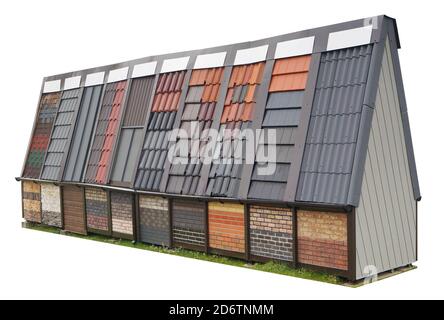 Hangar de grange rurale pour le stockage de bois de chauffage et d'outils agricoles décorés de briques d'argile et de tuiles . Isolé sur blanc Banque D'Images