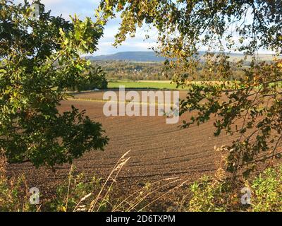 En regardant vers le nord vers les Fells de CAMPSIE à travers les champs labourés au début de l'automne; la campagne du centre de l'Écosse juste à l'extérieur de Bearsden, Glasgow. Banque D'Images