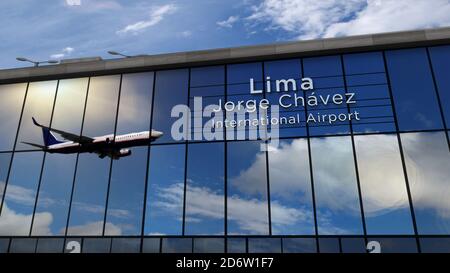 Avion à réaction atterrissage à Lima, Pérou illustration de rendu 3D. Arrivée en ville avec le terminal de verre de l'aéroport et le reflet de l'avion. Voyages, Banque D'Images