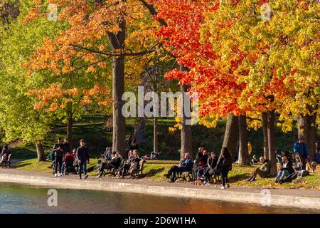 Montréal, CA - 19 octobre 2020 : les gens profitent d'une journée chaude et ensoleillée au parc la Fontaine en automne Banque D'Images