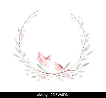 Oiseau de printemps sur branche en fleur avec des feuilles vertes et des fleurs couronne. Aquarelle carte d'invitation de mariage Blossom peinture. Couronne rose dessinée à la main Banque D'Images