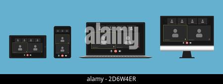 Passez un appel vidéo de groupe à l'écran d'un ordinateur portable, d'une tablette ou d'un smartphone réaliste. Illustration de Vecteur