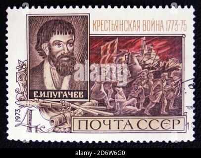 MOSCOU, RUSSIE - 7 JANVIER 2017 : timbre postal imprimé en URSS, indiquant E. I. Pugachev, vers 1973 Banque D'Images