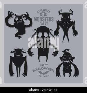 Ensemble de monstres pour Halloween. Une collection de silhouettes noires de créatures mystiques. Illustration vectorielle de monstres et sorcières. Illustration de Vecteur