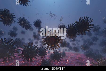 Poliovirus avec récepteurs (pointes). Maladie infectieuse causant la polio (ou poliomyélite) qui se transmet par des aliments, de l'eau ou de la salive contaminés. Banque D'Images