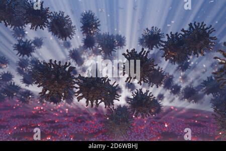 Poliovirus avec récepteurs (pointes). Maladie infectieuse causant la polio (ou poliomyélite) qui se transmet par des aliments, de l'eau ou de la salive contaminés. Banque D'Images