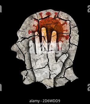 Homme déprimé par une pandémie de coronavirus. Silhouette masculine stylisée avec tête fissurée symbolisant la folie, la dépression, les maux de tête. Banque D'Images