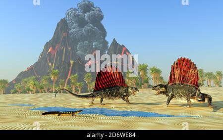 Un dinosaure Diplocaulus regarde deux reptiles de Dimetrodon se battre sur le territoire et les droits de reproduction. Banque D'Images