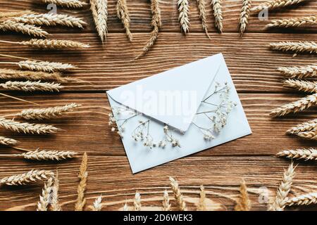 vue de dessus de l'enveloppe avec fleurs sauvages sèches sur fond en bois avec châssis à blé Banque D'Images