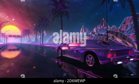 conduite futuriste rétro des années 80. Course de science-fiction stylisée dans un style outragun avec ciel nocturne Banque D'Images