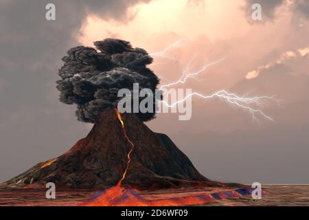 Volcan et foudre - la foudre et le tonnerre crack à l'intérieur d'un panache de fumée qui s'affiche alors qu'un volcan éclate de lave. Banque D'Images