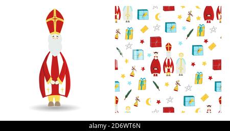 Ensemble d'illustrations festives. Caractère Saint nicholas isolé sur blanc. Motif hiver sans coutures avec cadeaux et étoiles Illustration de Vecteur