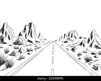 Prairie Road Graphic noir blanc désert paysage esquisse illustration vecteur Illustration de Vecteur