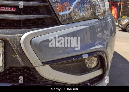 insectes sur la voiture sur la peinture du bouclier. Banque D'Images