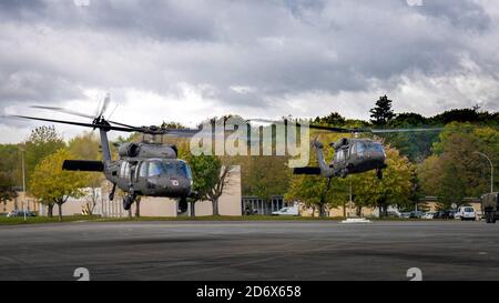 Deux UH-60 Blackhawks d'A Co, 1-214e Bataillon de l'aviation de soutien général, lancent avec des soldats français pour l'entraînement d'assaut aérien le 16 octobre près de Belfort, France, pendant l'exercice Royal Blackhawk 20. (É.-U. Photo de l'armée par le Maj. Robert Fellingham) Banque D'Images