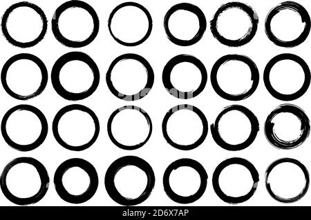 Ensemble de cercles vectoriels avec contour irrégulier. Pinceau rond différentes épaisseurs et styles de frappe. Figure isolée. Style grunge. Illustration de Vecteur