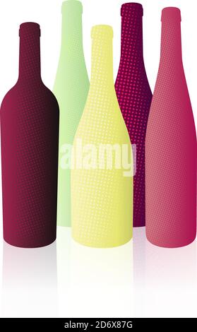 Illustration avec volume de différentes bouteilles de vin. Couleurs de vin rouge, rosé et blanc. Texture de point demi-ton. Illustration pour la conception d'événements vinicoles. vec Illustration de Vecteur