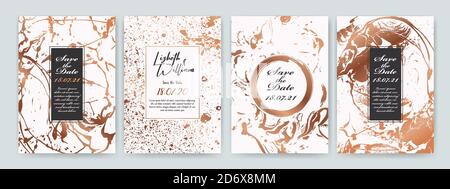 Ensemble de modèles de conception avec texture cuivre, effet marbre. Luxe et élégance. Couleur cuivre et blanc. Convient aux invitations de mariage, événements VIP, Illustration de Vecteur