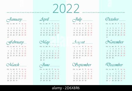 2022 modèle de calendrier en anglais. 12 mois. La semaine commence le lundi. Modèle vectoriel modifiable 10 EPS. Horizontale Illustration de Vecteur