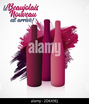 Illustration avec volume de bouteilles de vin. Texte en français 'le Beaujolais Nouveau est arrivé', le nouveau Beaujolais est arrivé. Illustration pour la veille du vin Illustration de Vecteur