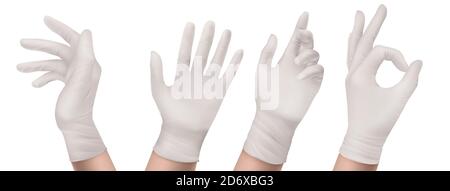 Gants en nitrile sur la vue avant et latérale de la main. Caoutchouc blanc jetable latex équipement de protection personnelle pour les travailleurs de la santé ou de laboratoire, palmier gestuelle show ok, réaliste 3d illustration vecteur, ensemble Illustration de Vecteur