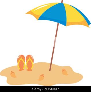 parasol et tongs sur le sable sur fond blanc, style plat, illustration vectorielle Illustration de Vecteur