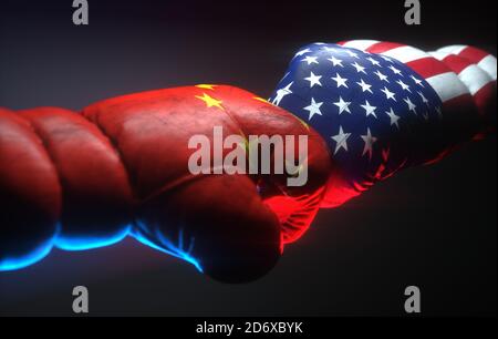 États-Unis la Chine rivalisent contre la technologie, l'information, la course, le commerce, le tarif, 5G. Boxe gants de combat. Banque D'Images