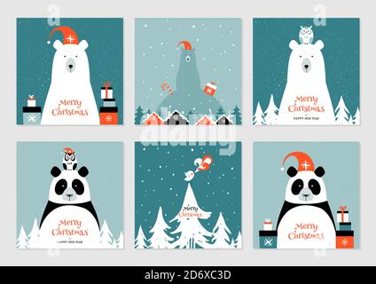 Ensemble joyeux Noël avec ours polaire et panda. Idéal pour les cartes de vœux, les affiches ou les sites Web. Illustration de Vecteur