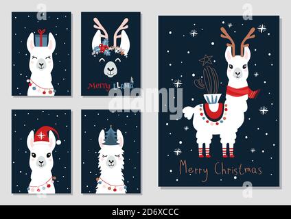 Cartes de Noël avec lama. Ensemble joyeux Noël Illustration de Vecteur