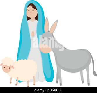 concept de nativité, Vierge Marie avec un mouton et un doneky sur fond blanc, style plat, illustration vectorielle Illustration de Vecteur