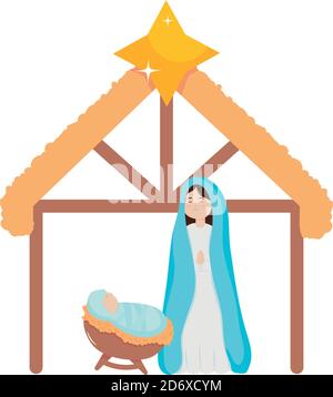 Concept de scène de Nativité, Vierge Marie et bébé jésus sur fond blanc, style plat, illustration vectorielle Illustration de Vecteur