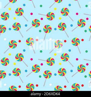 Motif sans couture avec boucle spiralées et élément en forme de boule de bonbons sur fond bleu clair. Illustration vectorielle colorée pour halloween, christma Illustration de Vecteur